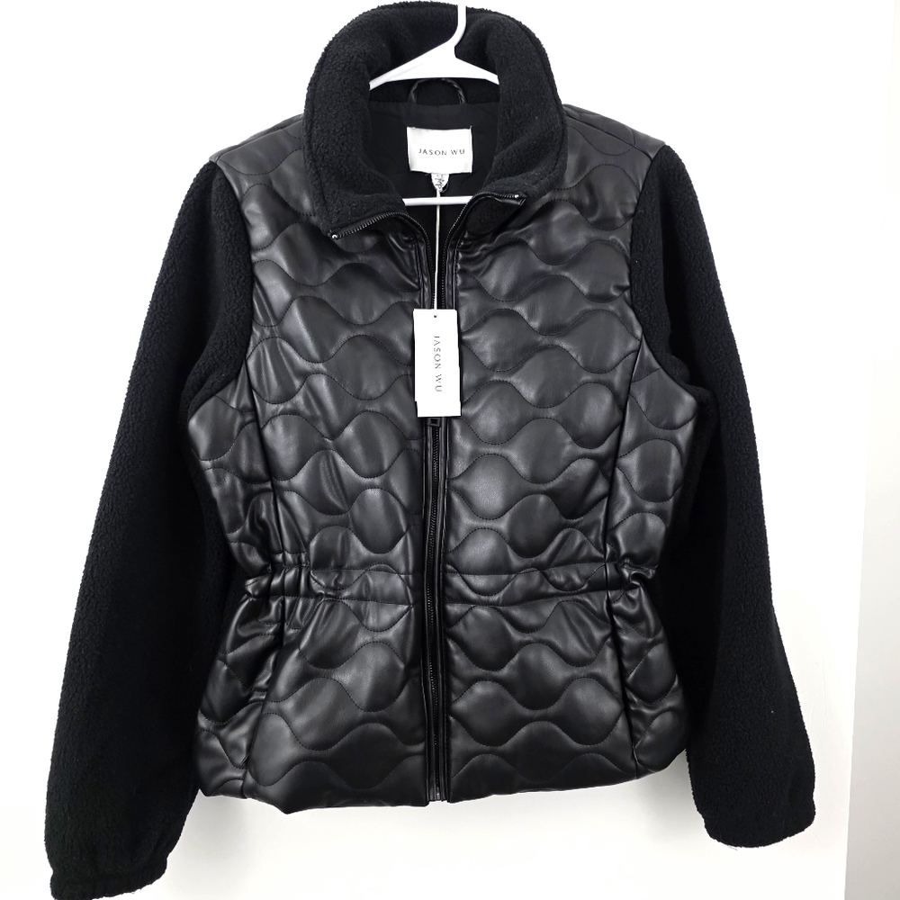 NWT Jason Wu Quilted Faux Leather Jacket Sweater Coat Full Zip Small Black
